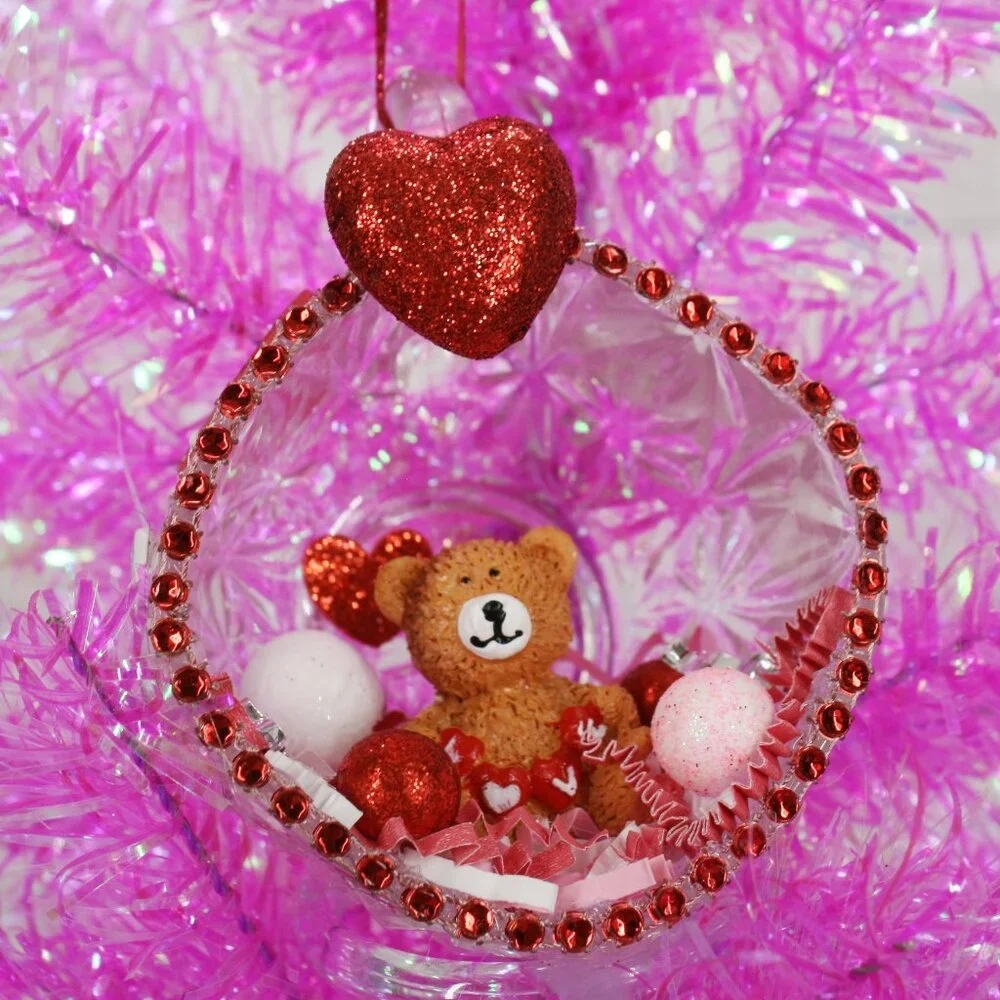 HAND CRAFTED Valentines Day Teddy Bear Decor Ornament Table Upcycled Cup Tan Red
